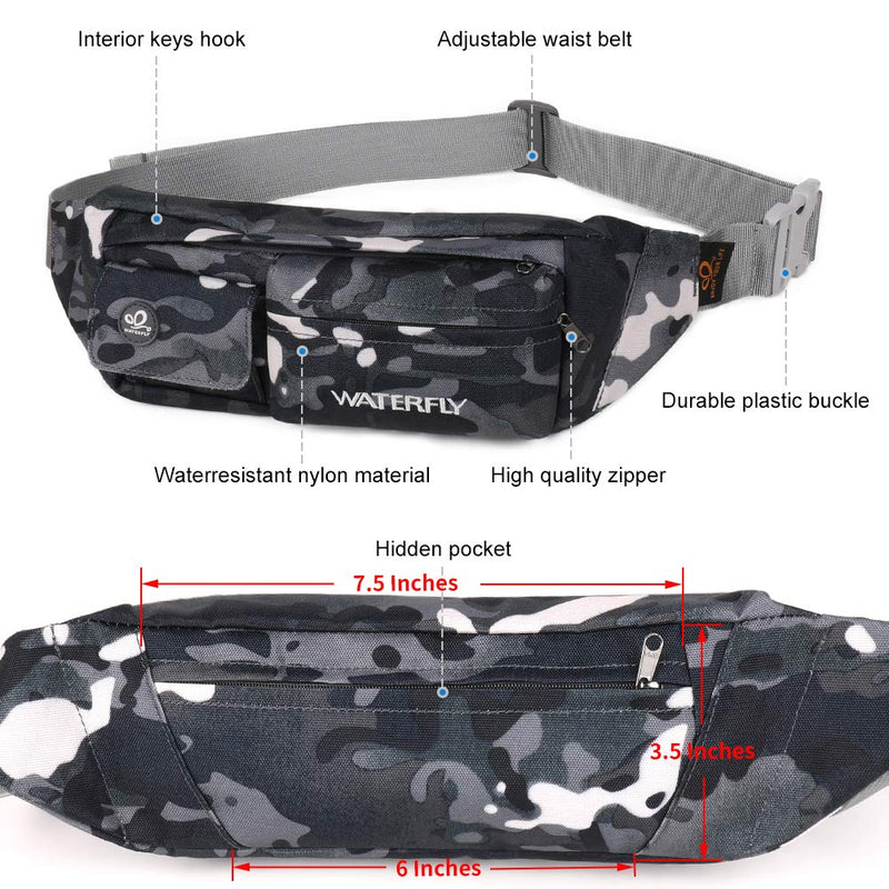 WATERFLY Fanny Pack for Women Men Water Resistant Small Waist Pouch Slim Belt Bag with 4 Pockets for Running Travelling Hiking Walking Lightweight Crossbody Chest Bag Fit All Phones Z-Camouflage Black - BeesActive Australia