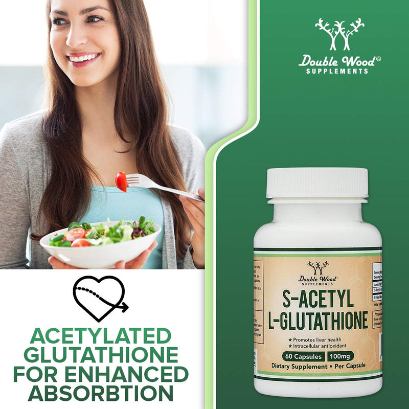 S-Acetyl L-Glutathione Capsules - 100mg, Manufactured and Tested in The USA, 60 Count (Acetylated Glutathione Antioxidant - More Absorbable Than Glutathione and Liposomal Glutathione) by Double Wood - BeesActive Australia