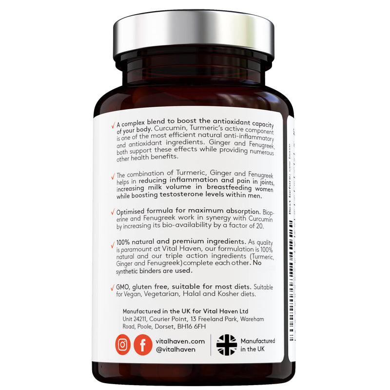 100% Natural - Triple Action: Turmeric, Ginger & Fenugreek - with Bioperine for Better Absorption - 120 Vegan Capsules - High Strength - Premium Ingredients - for Healthier Joints - Made in The UK - BeesActive Australia