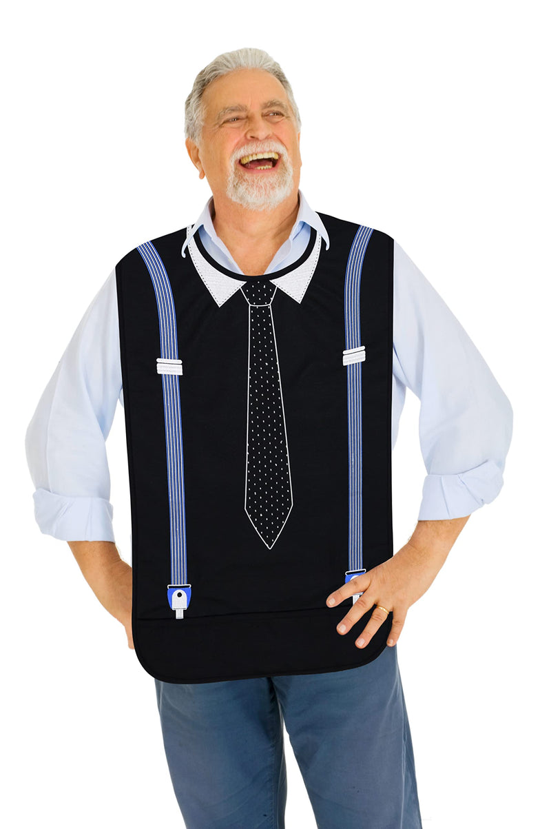 Modaliv Adult Bib for Men - Embroidered Waterproof Clothing Protector with Crumb Catcher - Reusable - Machine Washable (Tie and Suspenders) - BeesActive Australia