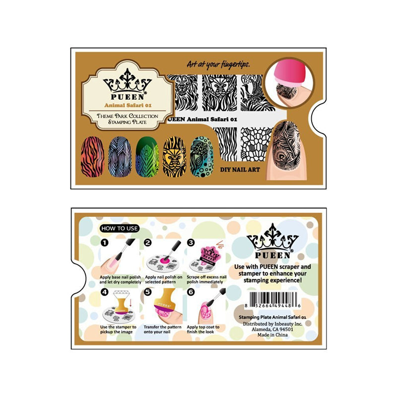 PUEEN Nail Art Stamping Plate - Animal Safari 01 - Theme Park Collection 125x65mm Unique Nailart Polish Stamping Manicure Image Plates Accessories Kit - BH000713 - BeesActive Australia