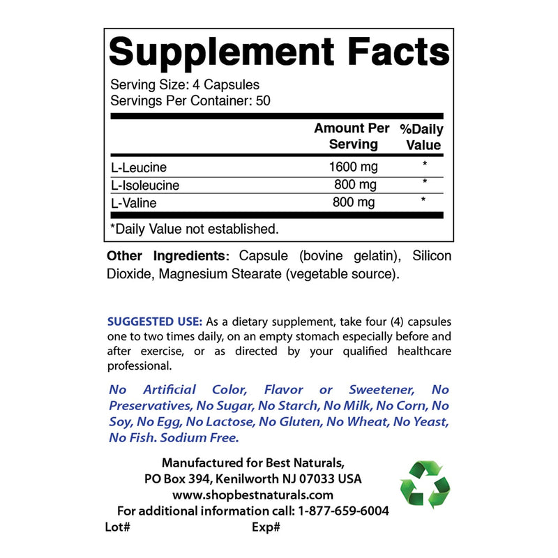 Best Naturals BCAA Branch Chain Amino Acid, 3200mg per serving, 200 Capsules - Pharmaceutical Grade - 100% Pure Instantized Formula | Pre/Post Workout Bodybuilding Supplement | Boost Muscle Growth - BeesActive Australia