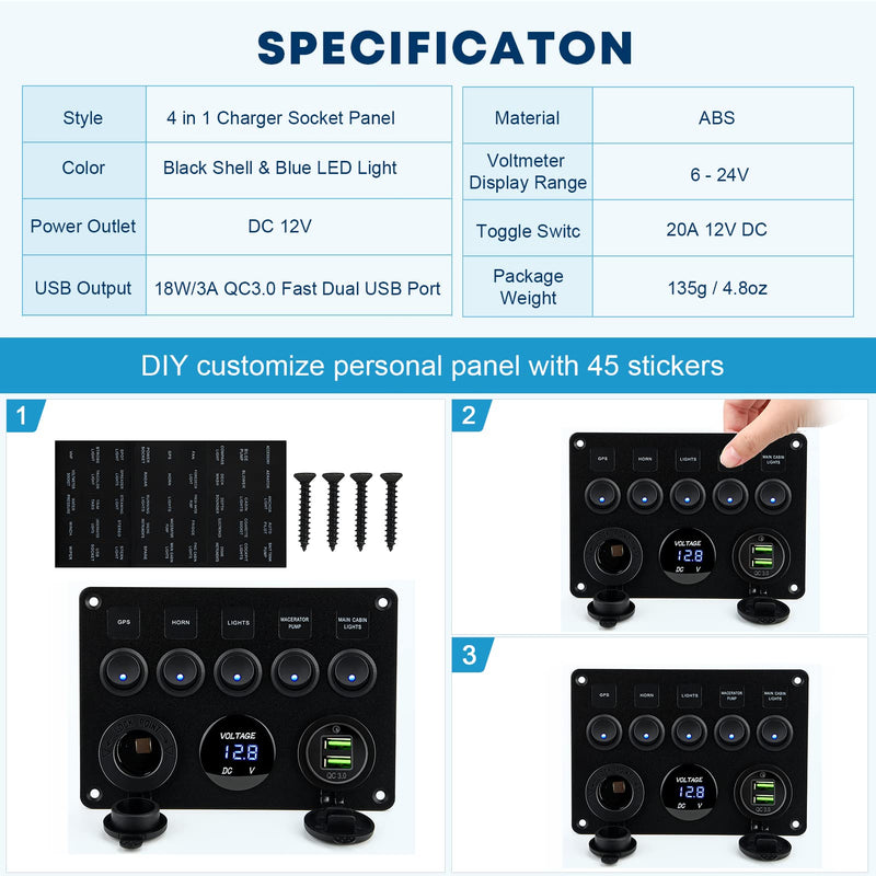 Kohree 5 Gang Rocker Switch Panel 12V Waterproof Toggle Switch Panel Led Aluminum Digital Voltmeter Display QC 3.0 Dual USB Charger Port DC 12/24 Volt Socket for RV Boat Car Vehicles Truck Marine - BeesActive Australia