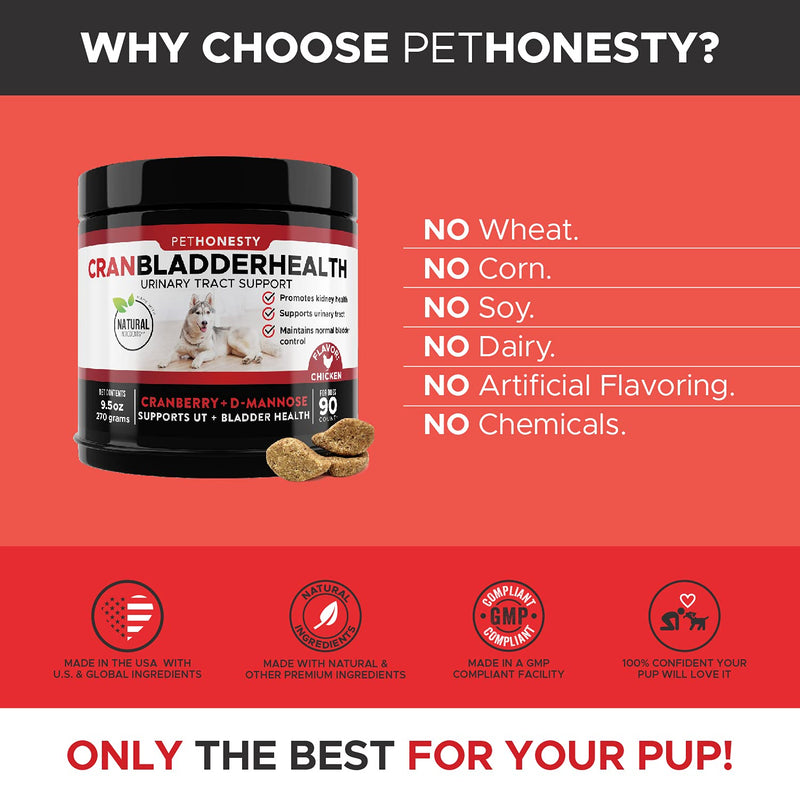 PetHonesty Cranberry Bladder Health for Dogs – Contains Active Ingredients - Cranberry & D-Mannose to Help Support Dog Urinary Tract Health, Dog Bladder Support, & Kidney Support for Dogs (90 ct) Chicken - BeesActive Australia