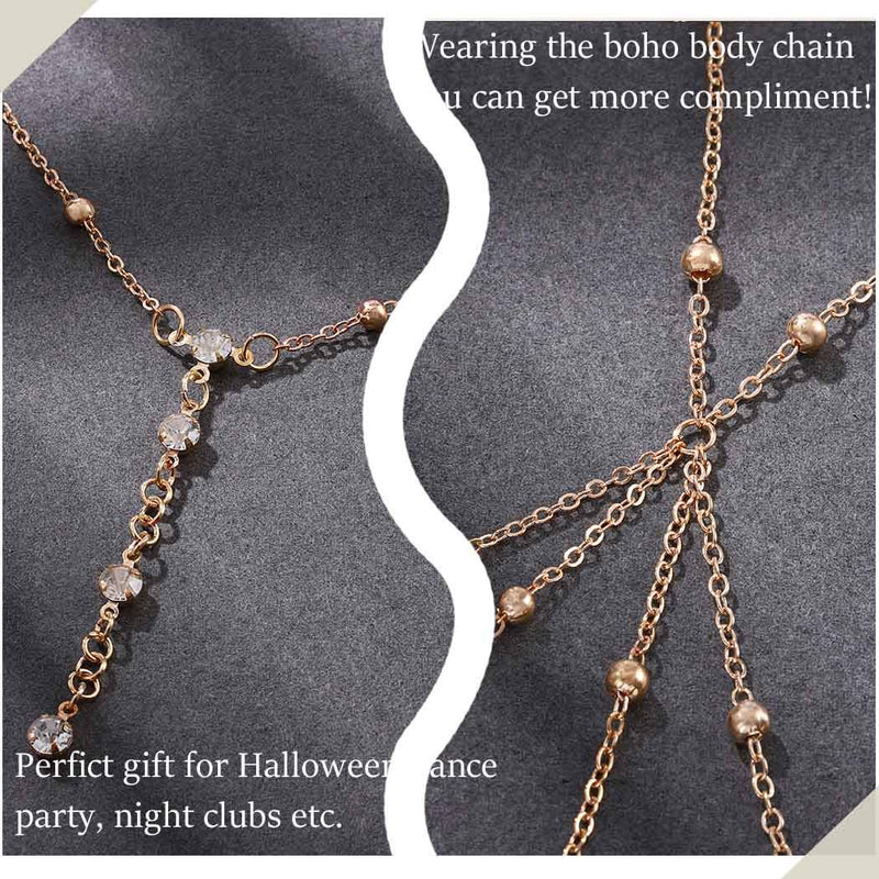 Ibliss Boho Beads Body Chain Gold Bikini Chain Crystal Summer Beach Body Jewelry Chain for Women and Girls - BeesActive Australia