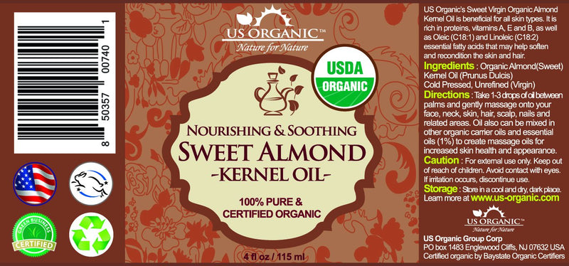 New_US Organic Sweet Almond Kernel Oil, USDA Certified Organic,100% Pure & Natural, Cold Pressed Virgin, Unrefined in Amber Glass Bottle w/Glass Eyedropper for Easy Application (4 oz (115 ml)) 4 Fl Oz (Pack of 1) - BeesActive Australia