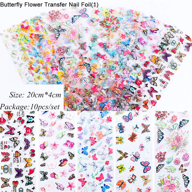 20 Sheet Butterfly Nail Art Foil Transfer Decals Flower Nail Foil Adhesive Stickers Starry Sky Manicure Transfer Tips Nail Art DIY Decoration Kit (Butterfly and Flower) - BeesActive Australia