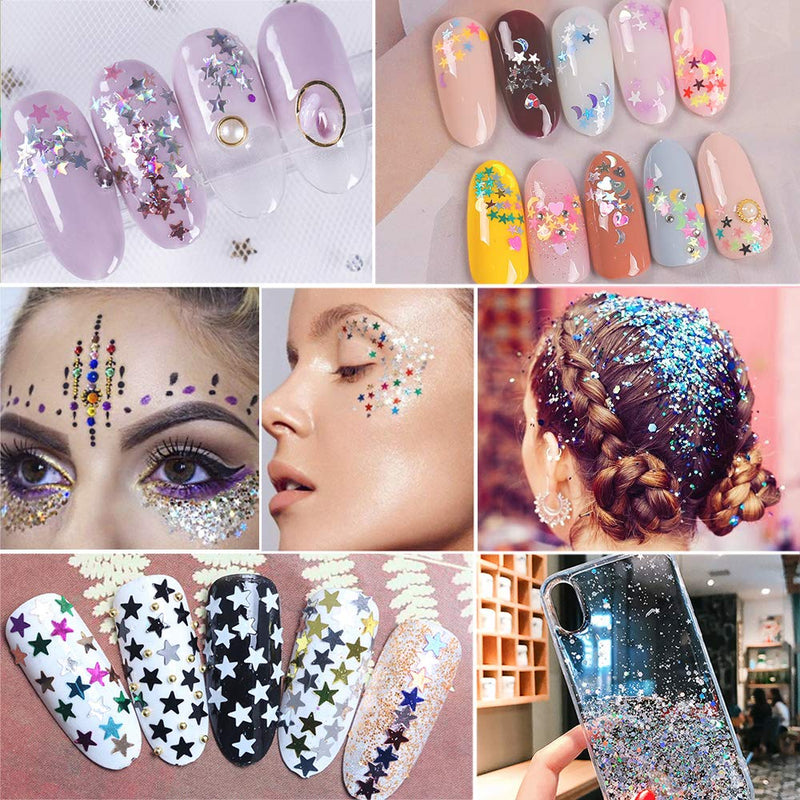 EBANKU Star Holographic Nail Glitter Sequins, 24 Boxes Colorful Stars Confetti Laser Glitter Nail Art Flakes Nail Glitter 3D Manicure Decals Nail Decoration - BeesActive Australia