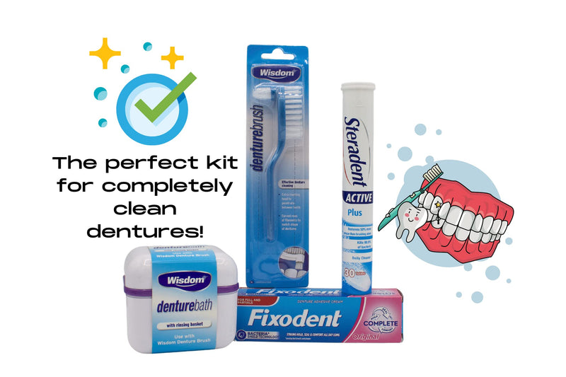 Denture Adhesive Cream | Denture Box-with Rinsing Basket | Denture Cleaning Tablets | Denture Brush Bundled with Glameno Toiletry Bag - BeesActive Australia