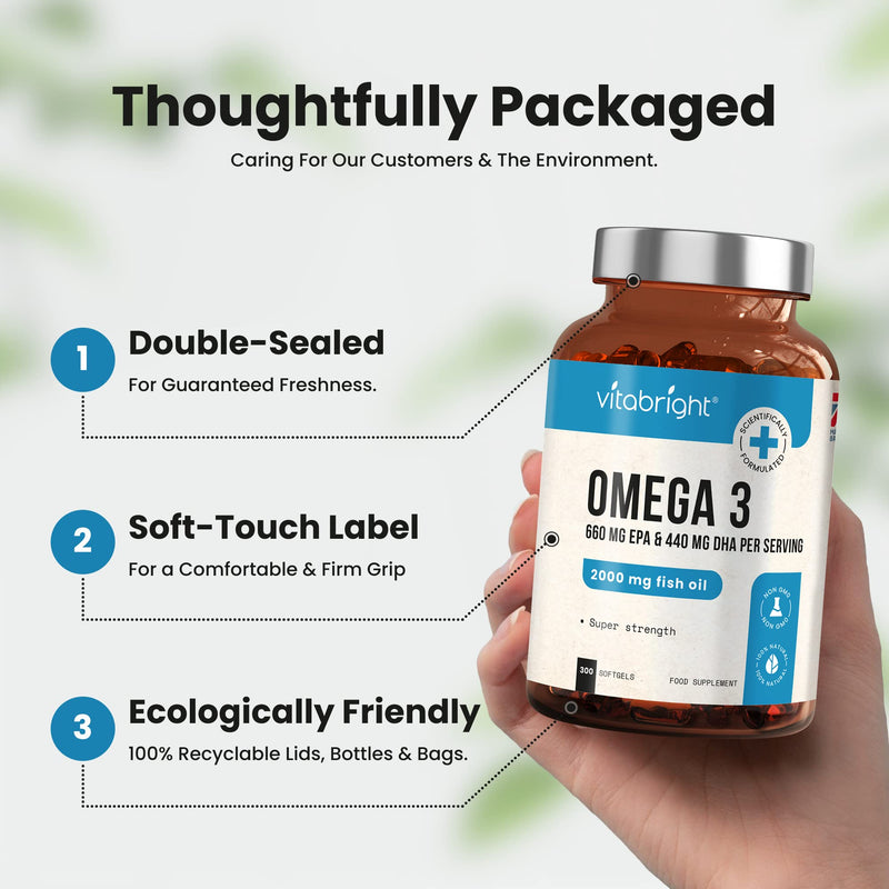 Omega 3 Pure Fish Oil 2000mg - 300 Softgel Capsules (5 Months Supply) - 660mg EPA & 440mg DHA per Serving - Supports Brain, Heart Function and Eye Health - Made in The UK by VitaBright - BeesActive Australia