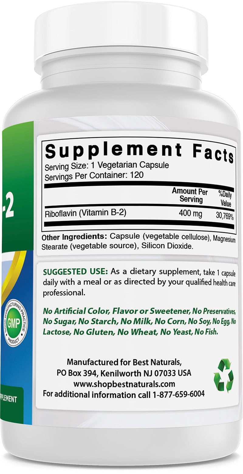 Best Naturals Vitamin B2 (Riboflavin) 400mg - Veggie Capsules - Conezyme Precursor - 120 Count (120 Count (Pack of 1)) 120 Count (Pack of 1) - BeesActive Australia