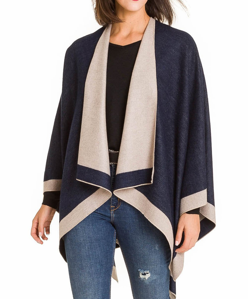 MELIFLUOS DESIGNED IN SPAIN Women's Shawl Wrap Poncho Ruana Cape Cardigan Sweater Open Front for Spring Fall Winter One Size Border Design - Gray Navy - BeesActive Australia