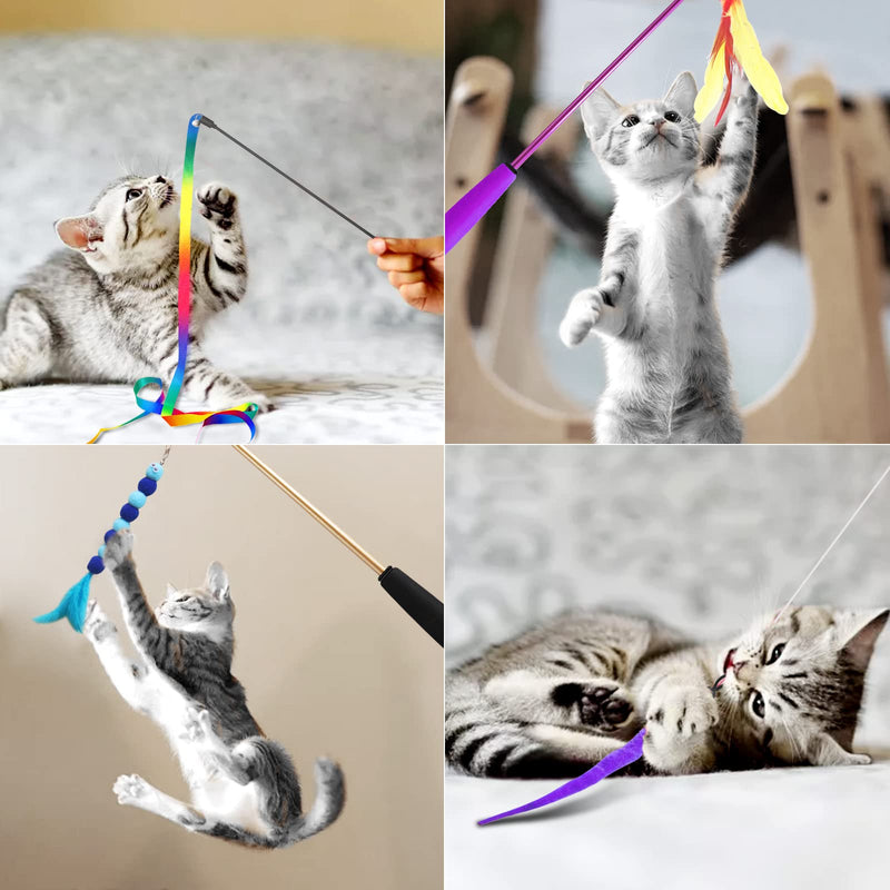 Cat Toys, Atosun 2PCS Retractable Cat Feather Toys, 10PCS Replacement Teaser Refill, 1PC Rainbow Ribbon Wand Interactive Kitten Toys for Indoor Cat Make Exercise - BeesActive Australia