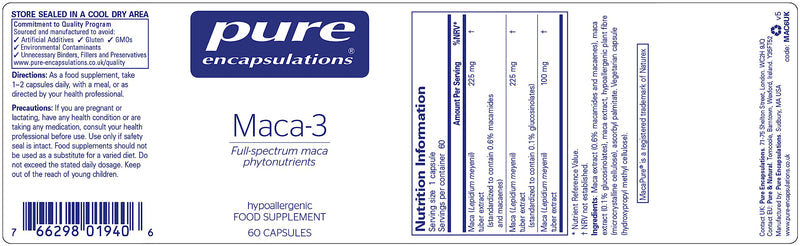 Pure Encapsulations - Maca-3 - Hypoallergenic Phytonutrient Supplement - Glucosinolates, Macamides and Macaenes - 60 Capsules - BeesActive Australia