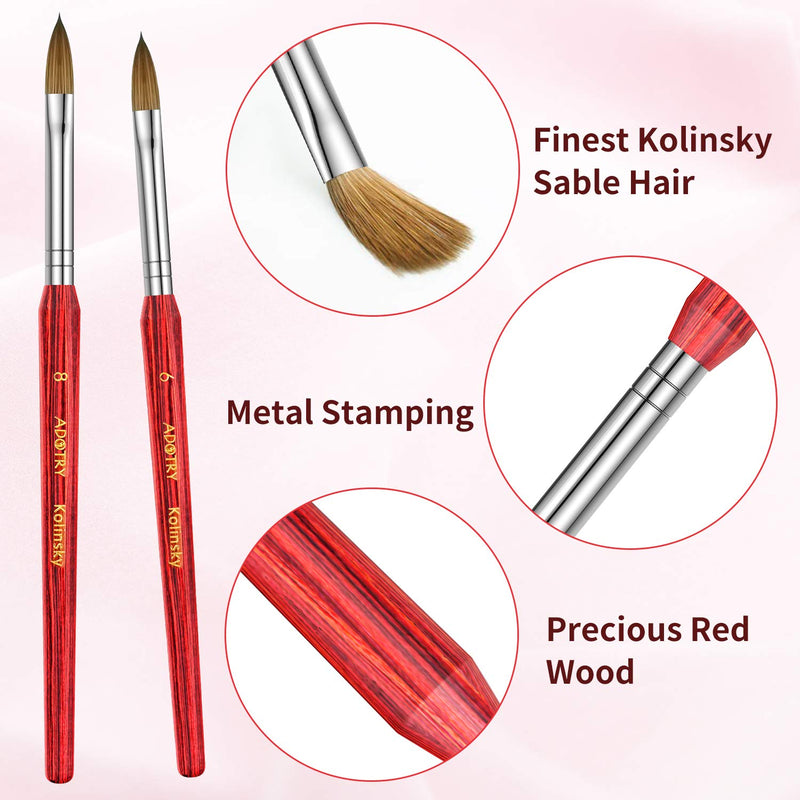 Nail Brush 100% Pure Kolinsky Hair Acrylic Nail Art Brush Red Wood Pen Nail Brush 2 Sizes with 5 Pieces Nail Files Set (6#8#) 6#8# - BeesActive Australia