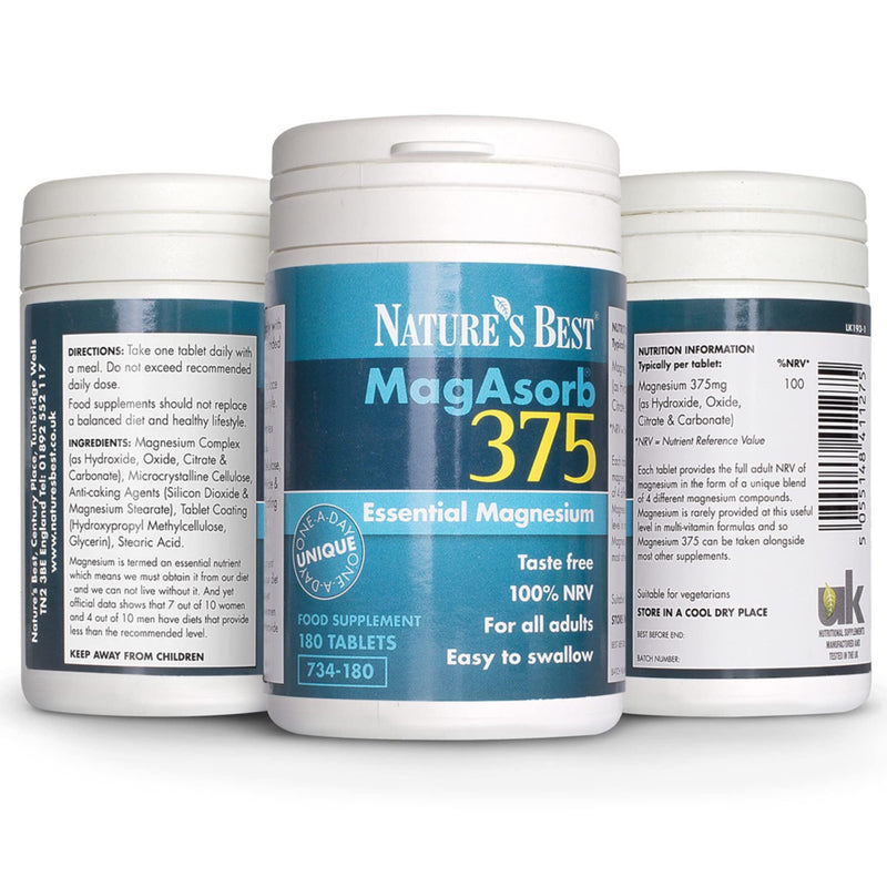 MagAsorb� 375mg | Full Strength Magnesium | 180 Vegan Tablets | Unique One-A-Day Magnesium Tablets (at 100% NRV) | 6 Month�s Supply | Magnesium contributes to the reduction of tiredness and fatigue | UK Made - BeesActive Australia