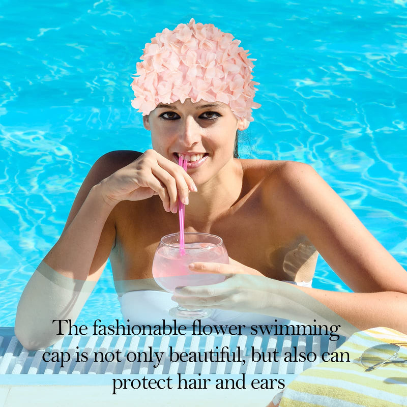 2 Pcs Lace Vintage Swim Cap Flower Floral Petal Retro Style Bathing Caps Pink Black Women's Long and Short Hair Swimming Hat Not Waterproof - BeesActive Australia
