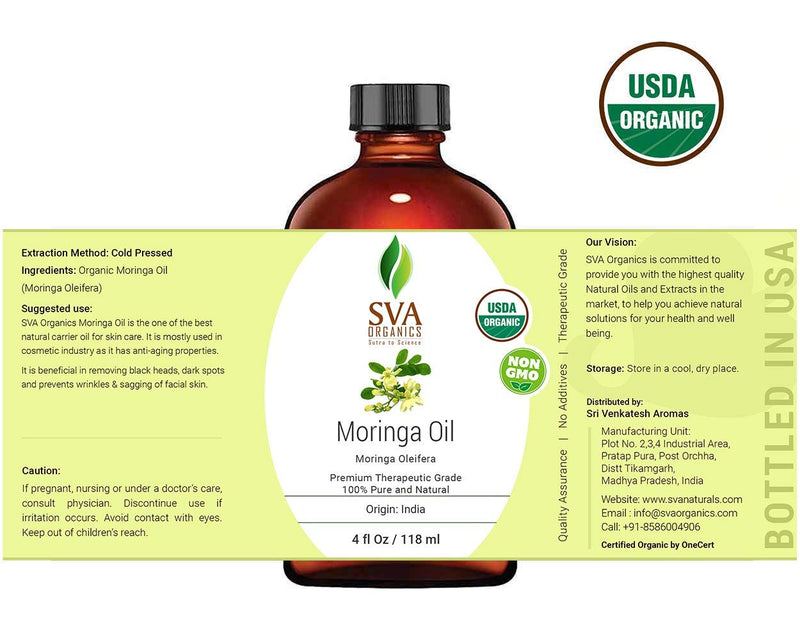 SVA Organics Moringa Oil 4 Oz Organic 100% Pure & Natural Carrier Oil Authentic & Premium Therapeutic Grade Oil for Skin Care, Hair Care, Aromatherapy & Masssage - BeesActive Australia