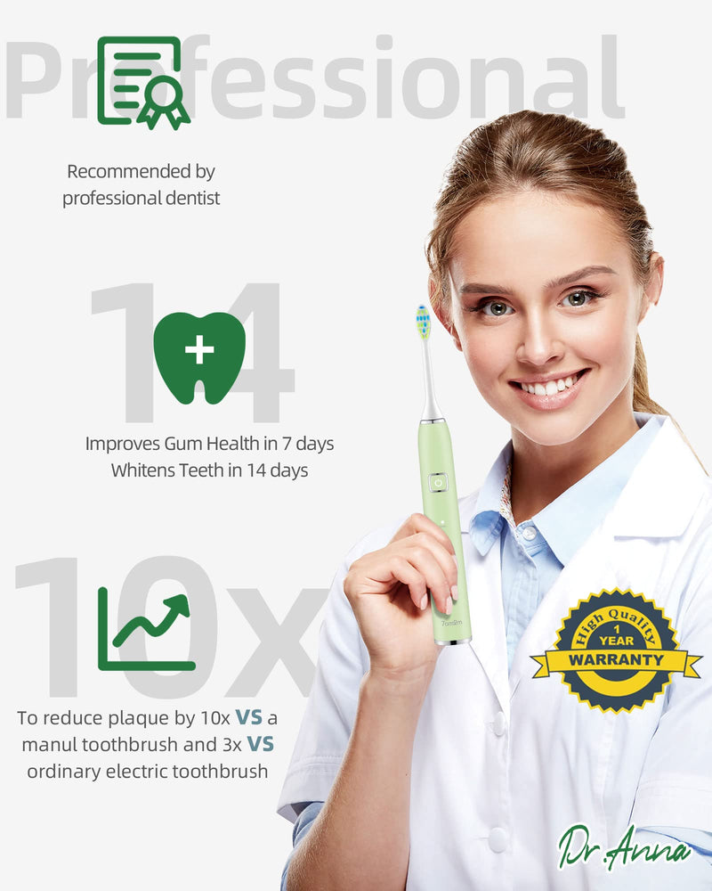 7am2m Sonic Electric Toothbrush with 6 Brush Heads for Adults and Kids, Wireless Fast Charge, One Charge for 60 Days,5 Modes with 2 Minutes Built in Smart Timer, Electric Toothbrushes(Green) No Travel Case Green - BeesActive Australia
