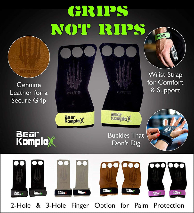Bear KompleX 3 Hole Leather Hand Grips for Home Workouts Like Pull-ups, Weightlifting, WODs with Wrist Straps, Comfort and Support, Hand Protection from Rips and Blisters for Men and Women Black Small - BeesActive Australia