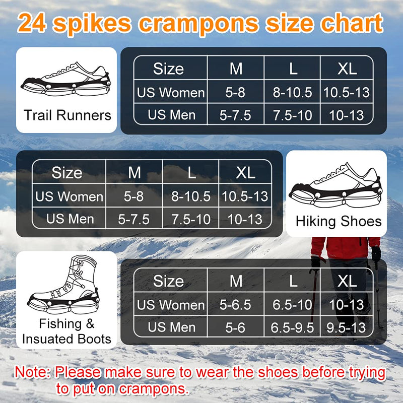 Crampons Ice Cleats for Shoes and Boots, AYAMAYA [Upgraded] 24 Spikes Antislip Stainless Steel Snow Traction Ice Gripper for Shoes Men Women, Snow Chains for Hiking Winter Walking Climbing - M/L/XL Large - BeesActive Australia