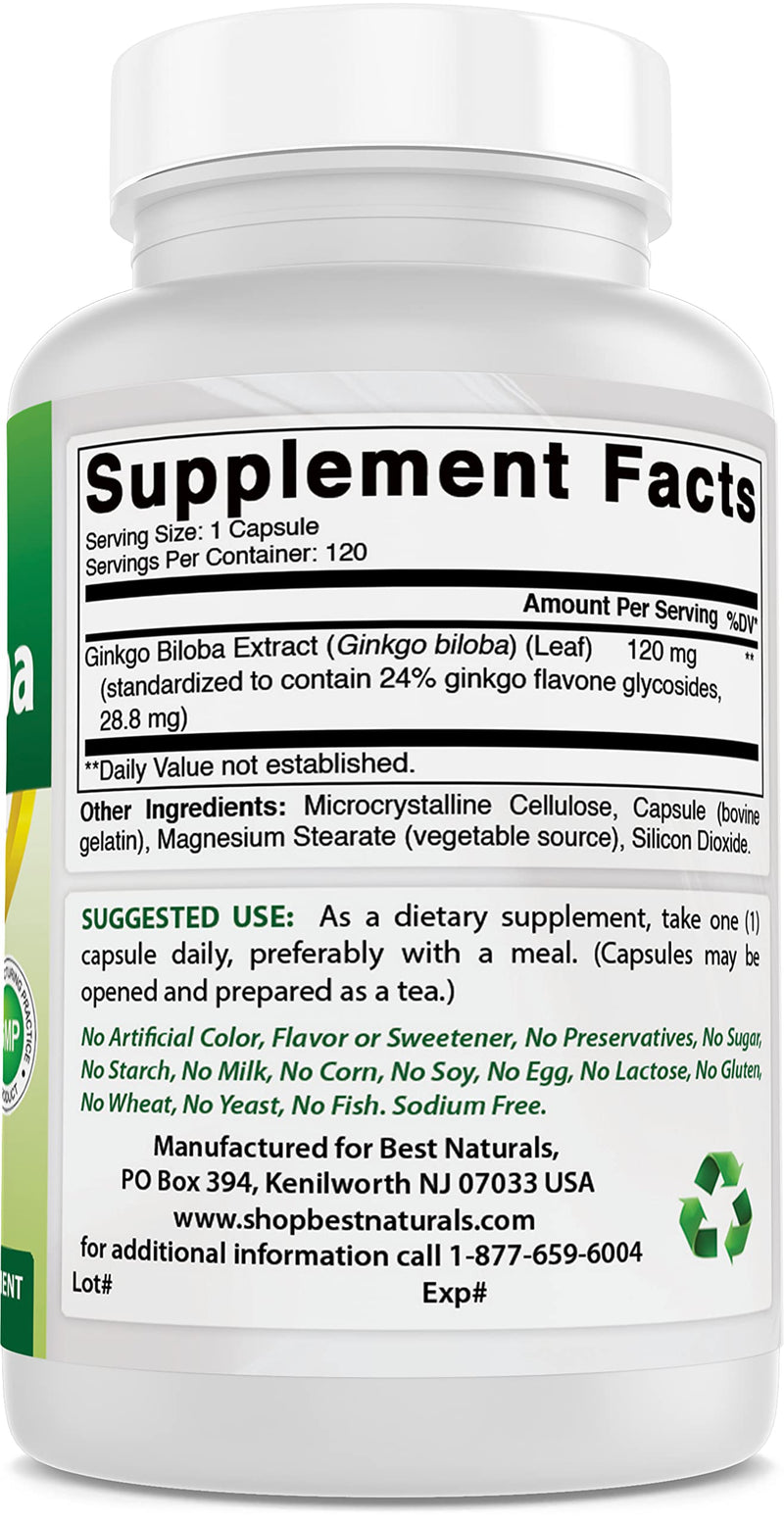 Best Naturals, Ginkgo Biloba Extract - Double Strength Ginkgo Biloba, 120mg, 120 Capsules (120 Count (Pack of 1)) 120 Count (Pack of 1) - BeesActive Australia