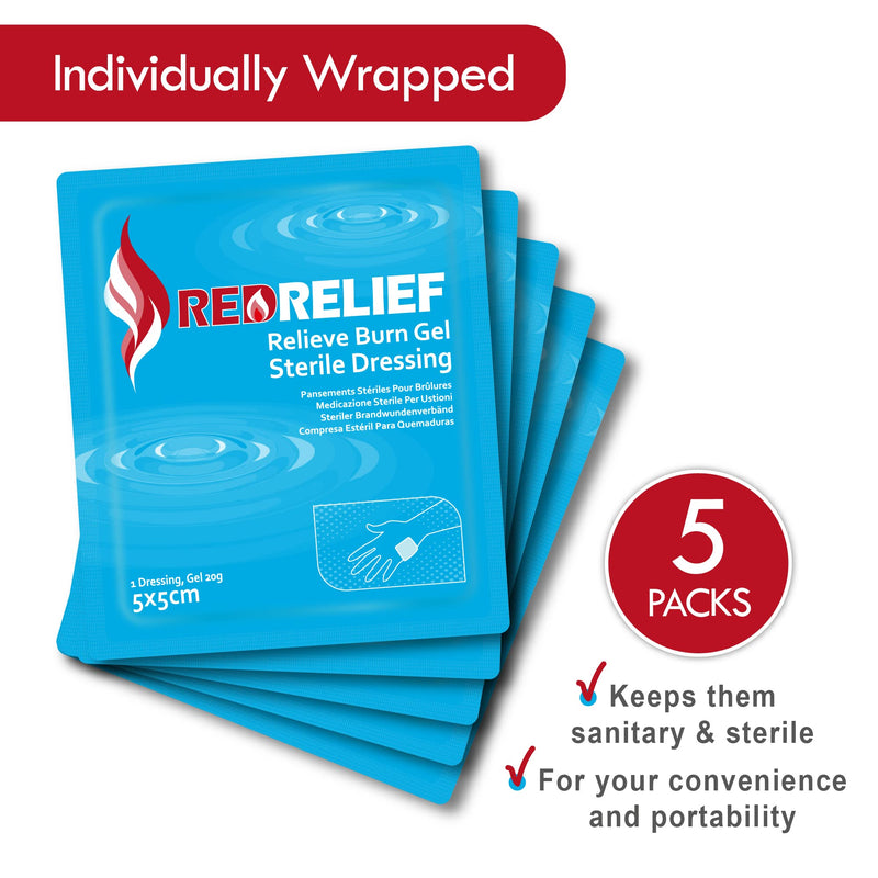 Pack of 5 RedRelief Emergency 5x5cm Burn Dressing - Cools, soothes and relieves Pain - BeesActive Australia