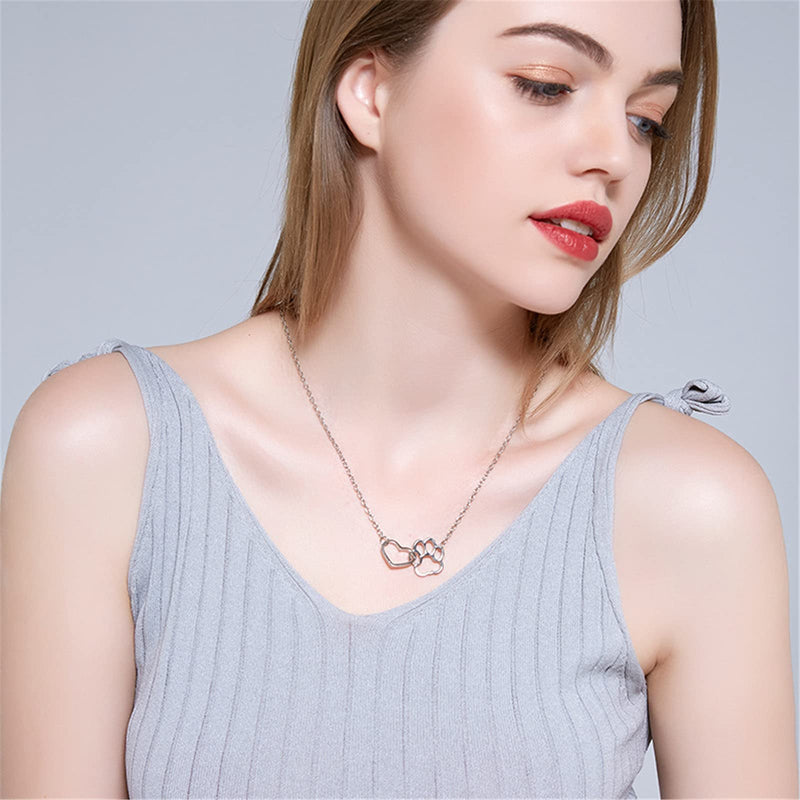 COLORFUL BLING Dog Cat Paw Print Pet Footprint Necklace for Women Girls Double Hollow Cute love Charm Creative Doggy Puppy Cat Animal Forever Love Heart Pendant Necklace Jewelry for Pet Lover Girls (Heart and Paw Print) Silver - BeesActive Australia