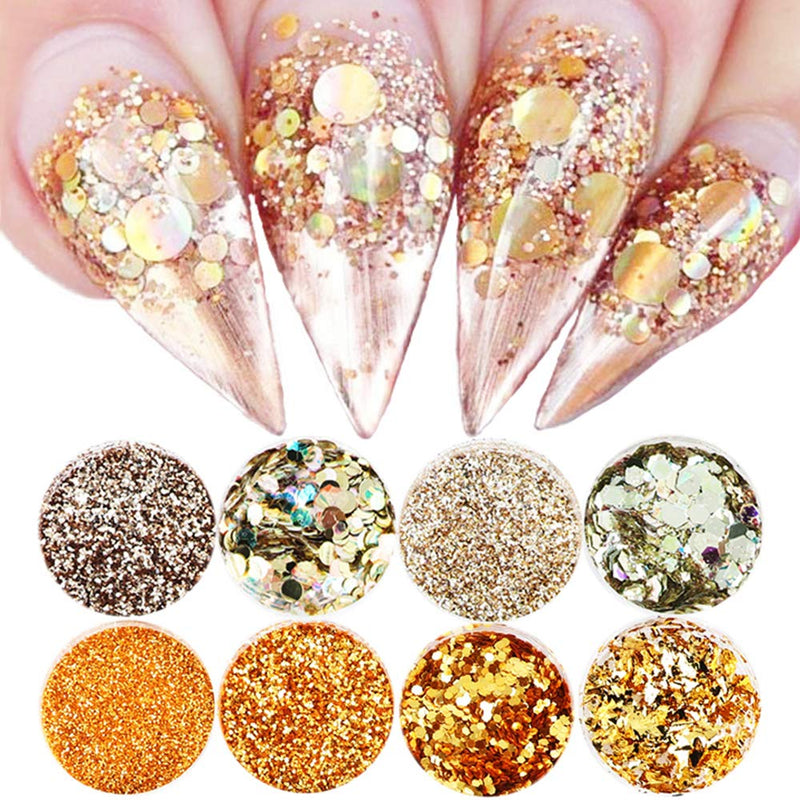 Holographic Nail Glitter Flakes Acrylic Nails Powder Gold Silver Nail Art Sequins 3D Nails Supply Sparkle Glitter Design for Nails Decoration Shining Manicure Tips Charms Accessories (8 Boxes) - BeesActive Australia