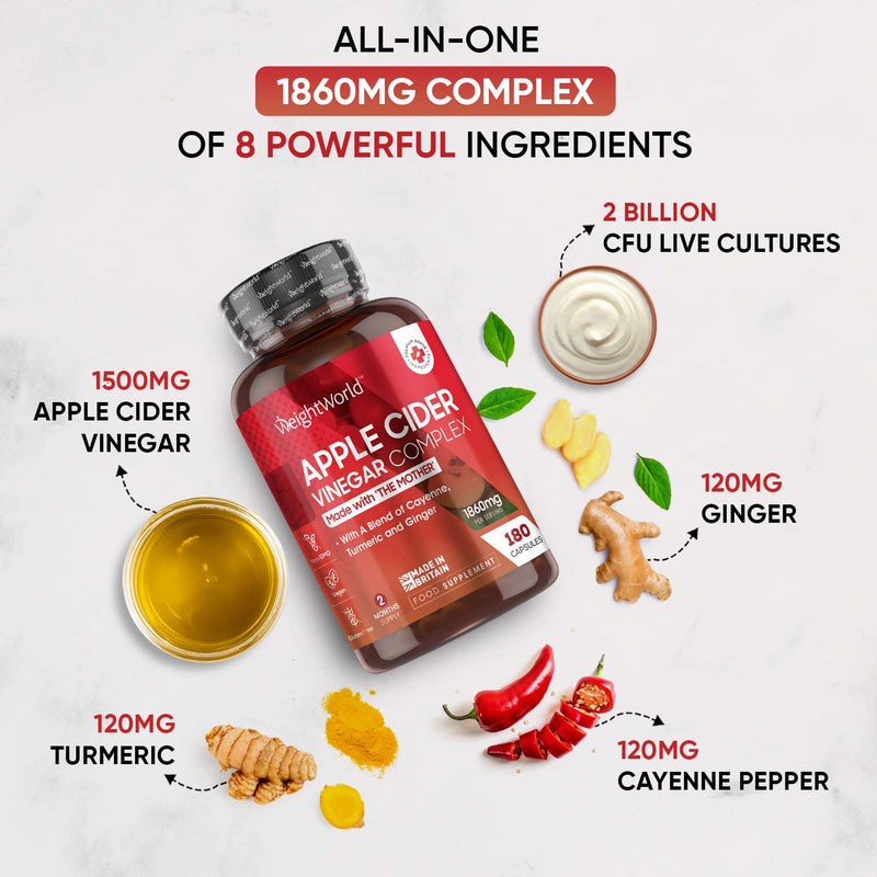 Apple Cider Vinegar with Mother - 180 High Strength Apple Cider Vinegar Capsules with Probiotics, Cayenne Pepper, Turmeric & Ginger Root - 1860mg - Tasteless & Vegan - Not ACV Gummies - Made in the UK - BeesActive Australia