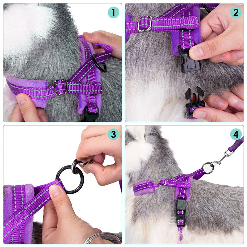 Lukovee Walking Dog Harness and Leash, Heavy Duty Adjustable Puppy Harness Soft Padded Reflective Vest Harness Anti-Twist 4FT Lead Quick Fit Lightweight for Small Dog Cat XXS ( Chest 11.5'' ~ 15'') A-Purple - BeesActive Australia