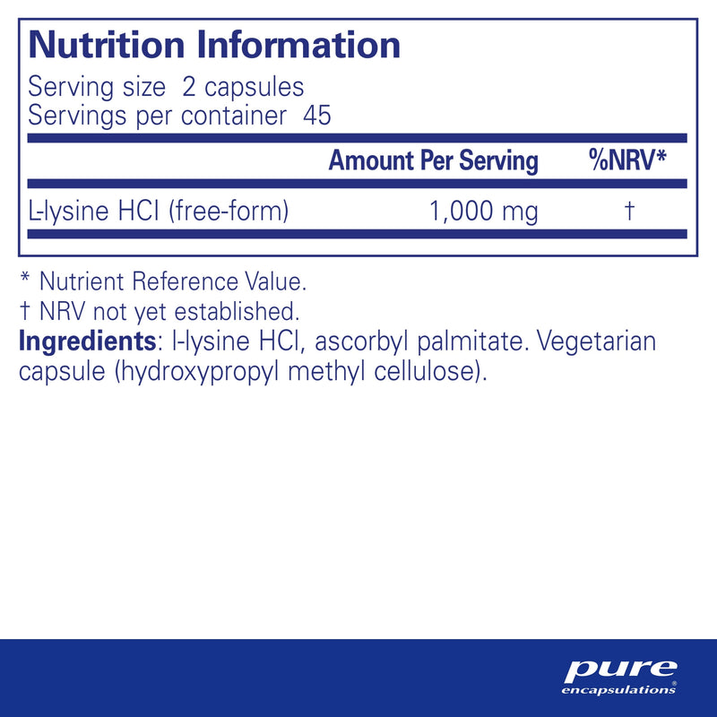 Pure Encapsulations - L-Lysine 500mg - Hypoallergenic Essential Amino Acid Supplement - 90 Vegetarian Capsules 90 Count (Pack of 1) - BeesActive Australia