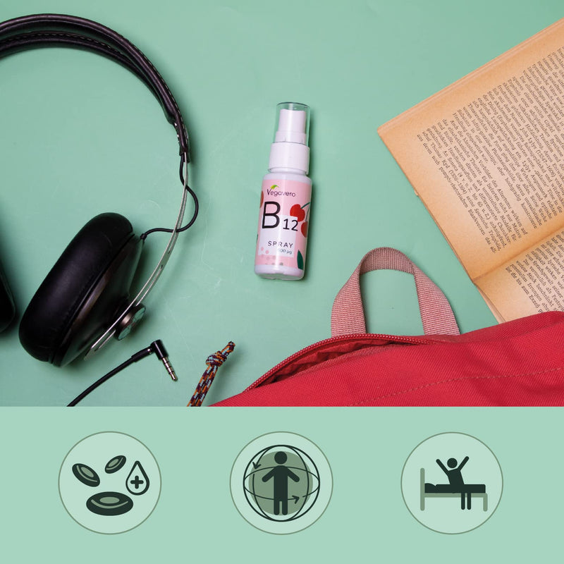 Vitamin B12 Spray Vegavero� | Vegan Methylcobalamin | 120 Days | Natural Cherry Flavour | 500�g per Spray | Liquid Travel Size - BeesActive Australia