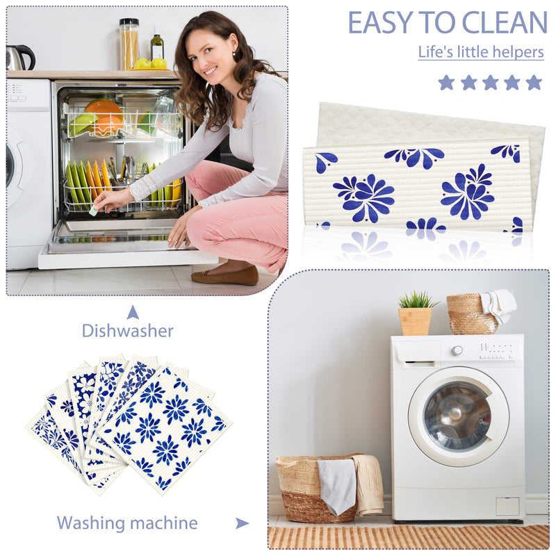 6 Pcs Swedish Kitchen Dishcloths Swedish Dishes Cloths for Kitchen Absorbent Sponge Cloths Kitchen Towels Reusable Cleaning Cloths Quick Drying for Home Kitchen Cleaning Dishcloths (Blue Leaves) Blue Leaves - BeesActive Australia