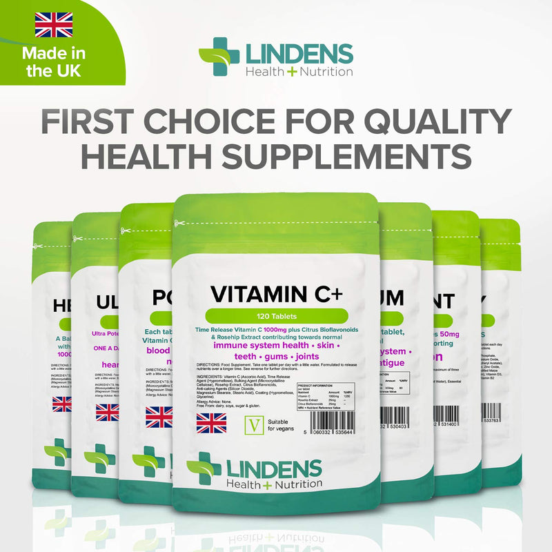 Lindens Vitamin C+ 1000mg Time Release Tablets - 120 Pack - with Citrus Bioflavonoids and Rosehip - Contributes to Immune System Health, Reduces Tiredness and Supports Healthy Skin and Teeth 120 Count (Pack of 1) - BeesActive Australia
