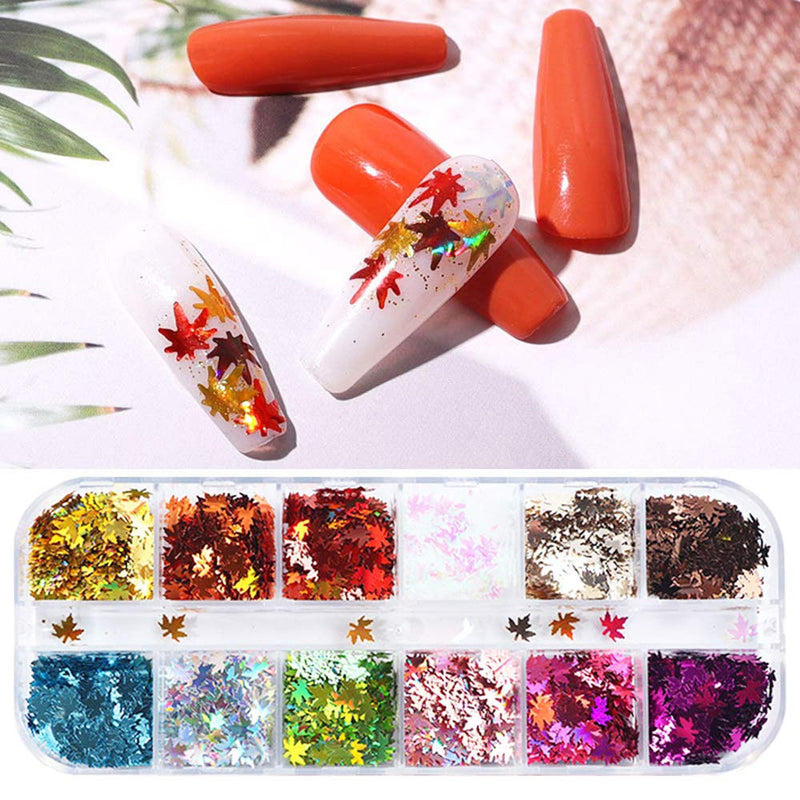 BiBiSi Fall Nail Art Stickers Decals Leaf Glitter Maple Fall Nail Art Sequins Supply Manicure Tips Accessories 12 Colors Autumn Fashion Maple Leaf Holographic Nail Sequins Acrylic Nail Art - BeesActive Australia
