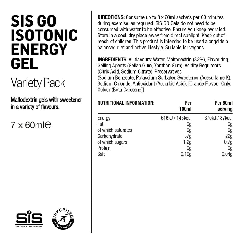 Science In Sport GO Isotonic Energy Gels, Running Gels with 22 g Carbohydrates, Low Sugar, Variety Pack of Assorted Flavours, 60 ml Per Serving (7 Pack) Multi - BeesActive Australia