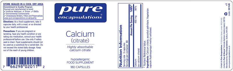 Pure Encapsulations - Calcium (Citrate) - Highly Absorbable Calcium Citrate Supplement - 180 Capsules - BeesActive Australia