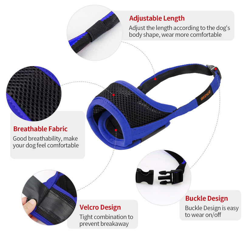IREENUO Dog Muzzle to Prevent Biting Barking and Chewing with Adjustable Loop Breathable Mesh Soft Fabric S Blue - BeesActive Australia