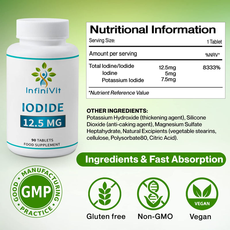Iodine Tablets 12.5mg, Lugols Iodine Tablets, High Strength Iodine and Potassium Iodide, 90 Vegan Tablets, GMO and Gluten Free - BeesActive Australia