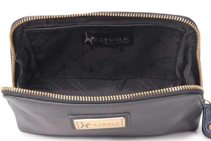 CATWALK COLLECTION HANDBAGS - Women's Vintage Leather Cosmetic Clutch / Makeup Pouch / Travel Beauty Bag - Emma - Black - BeesActive Australia