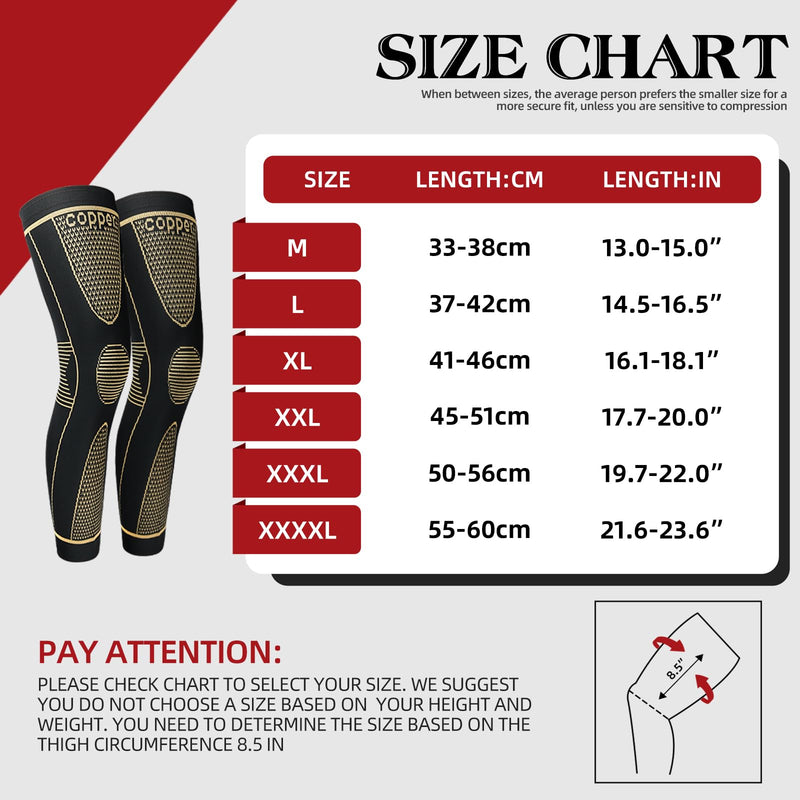 SKDK Copper Full Leg Sleeves Long Compression Leg Sleeve Knee Sleeves Protect Leg for Man Women Basketball, Arthritis Cycling Sport Football,ACL,Meniscus Tear,Joint Pain Relief Medium（1 Pair） - BeesActive Australia
