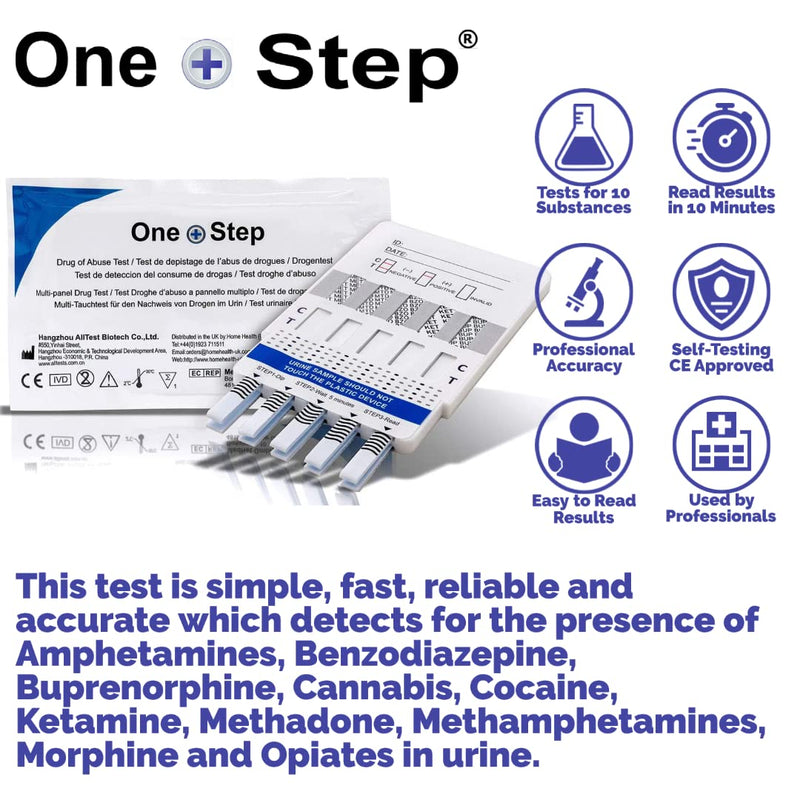 One Step: 5 x Drug Test Kits Urine 10 in 1 Panel Kit - Tests for Heroin, Opiates, Cannabis, Cocaine, Speed and more - BeesActive Australia