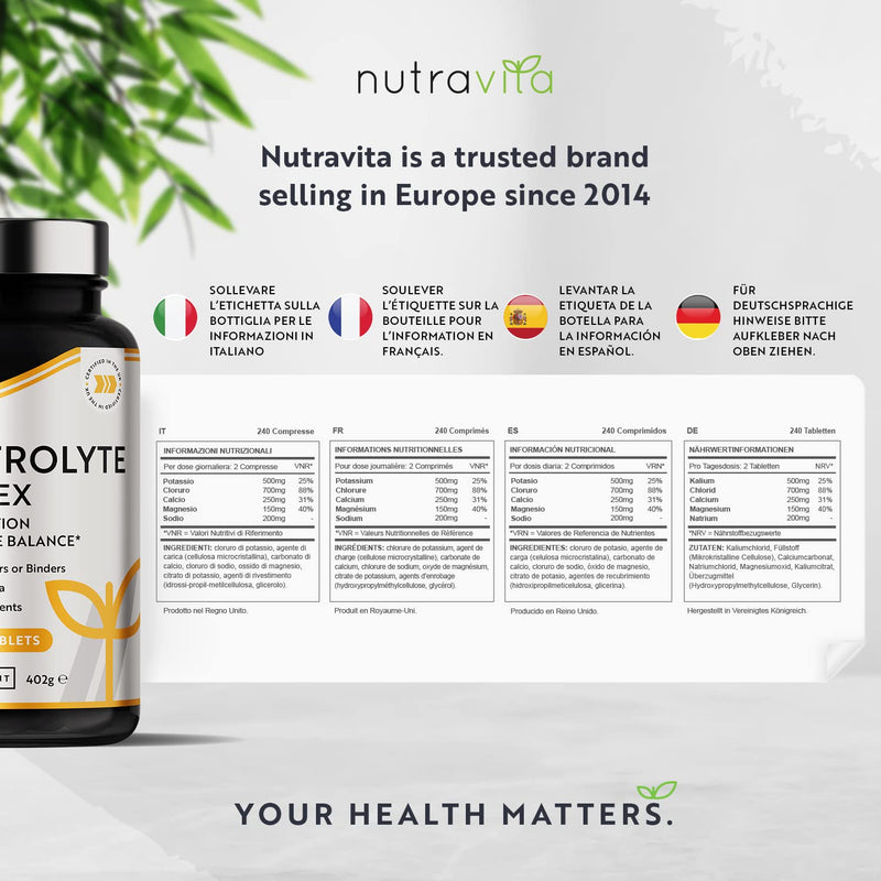 Electrolyte Complex - High Strength Tablets with Added Magnesium, Potassium & Calcium - Muscle Function and Electrolyte Balance - 240 Vegan Tablets - No Synthetic Binders - Made in The UK by Nutravita - BeesActive Australia