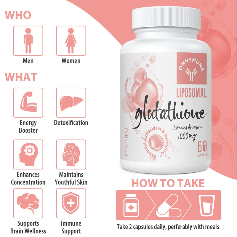 Liposomal Glutathione Supplement 1000mg, Reduced Glutathione Softgels with Vitamin C, for Anti-Aging, Detox, Brain, Immune Health, Better Absorption, L-Glutathione 60 Capsules per Bottle 60 Count (Pack of 1) - BeesActive Australia