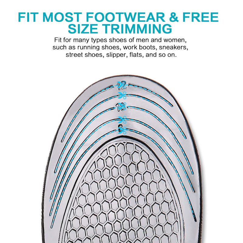 MOISO GEL Sports Work Comfort Trimmable Insoles for Shock Absorption, Inserts for Running Shoes Work Boots Trainers, Relieve Foot Pain for Men & Women, Black, UK-L: 8-12 9-11.5 UK Women / 8.5-12 UK Men - BeesActive Australia