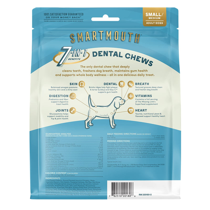 The Missing Link Smartmouth Vet Developed Dental Chew Treats, 7-in-1 Benefits: Healthy Teeth & Gums, Breath, Skin, Joints, Digestion, Heart, Immune System – Small/Medium 15-50lb Dogs 28 Count (Pack of 1) - BeesActive Australia