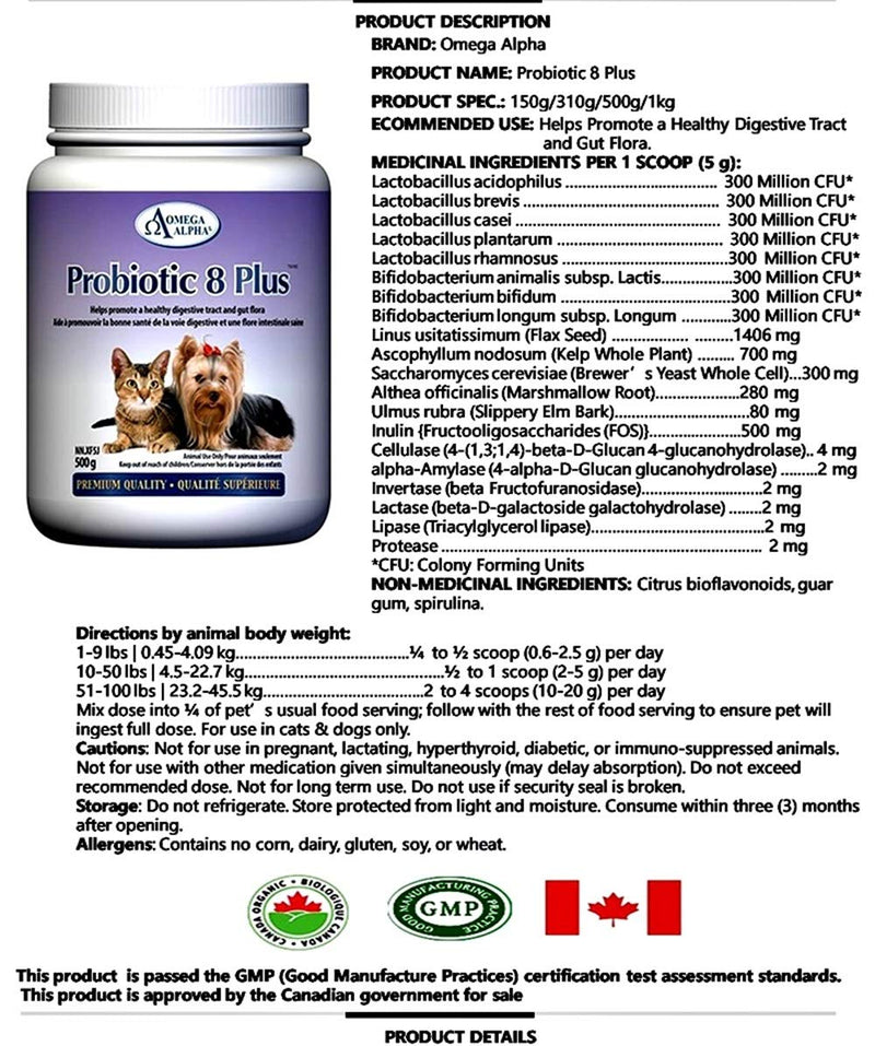 Omega Alpha Pet Probiotic 8 Plus - Probiotics, Enzymes, and Fibre for Better Pet Digestion.-500g - BeesActive Australia