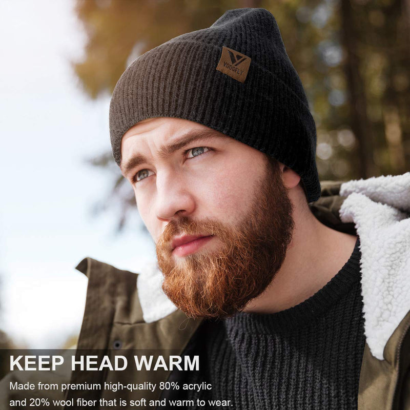 Vgogfly Beanie Men Slouchy Knit Skull Cap Warm Stocking Hats Guys Women Striped Winter Beanie Hat Cuffed Plain Hat Black 3 - BeesActive Australia
