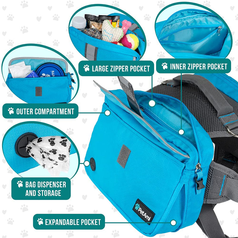 PetAmi Dog Backpack for Medium Large Dogs, Dog Saddle Bag for Dogs to Wear, Harness Saddlebag with Reflective Safety Side Pockets for Hiking, Camping, Vest Dog Pack for Travel Blue - BeesActive Australia